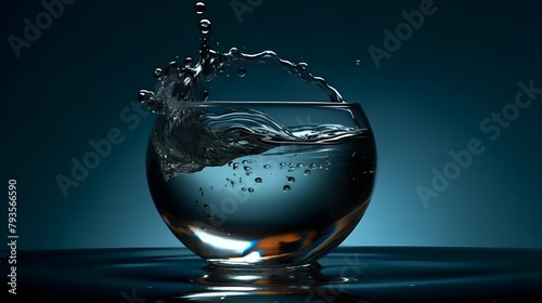 Crystal Clear Water in Round Glass Against Deep Blue background