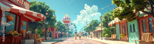 A 3D cartoon of a family taking a break on benches with ice cream cones at the theme park photo