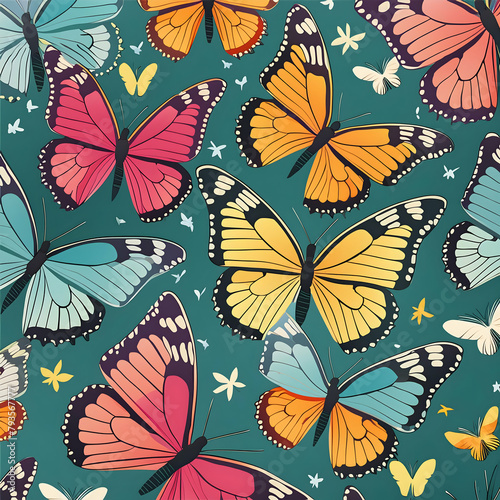 a seamless, vibrant background pattern of colorful butterflies in mid-flight, detailed textures of their wings © Zohaib zahid 