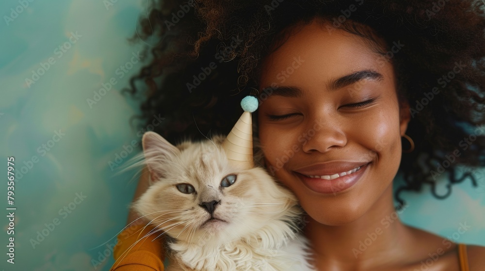 Young African-American Woman Celebrating with Adorable Cat in Party Hat Indoors