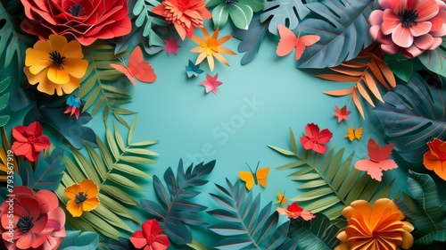 DIY summer sales design, handcrafted tropical motifs, craft paper and vibrant hues, handmade style copy space photo