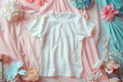 Pastel-Colored Background with Feminine Styled White T-Shirt and Floral Decor for Spring Fashion