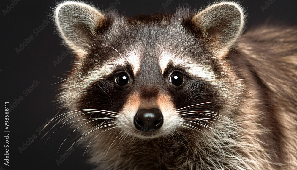 A closeup of a raccoon's (Procyon lotor) face, on a black background