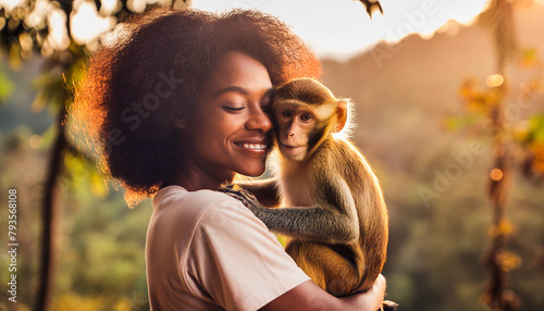 Girls holding a monkey in her arms. Animal rescue.  photo
