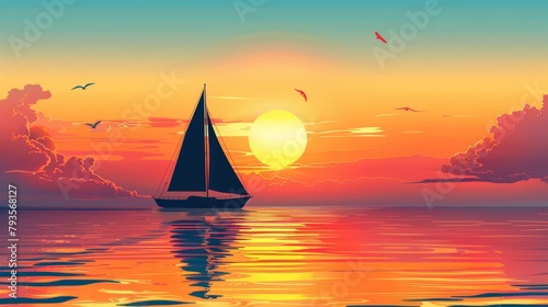 Sailboat and sunset border, sail away with summer deals in copy space