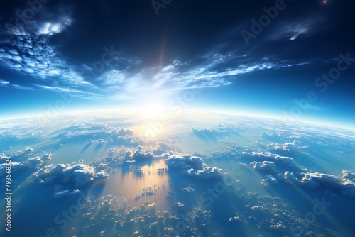 Blue planet Earth viewed from space, focusing on Africa and Europe, showing cloud patterns and atmosphere, space exploration concept © Oranuch