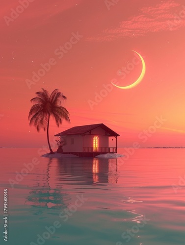 Eid al-Adha Celebration: Dreamy Floating House At Dusk With Crescent Moon and Palm Tree © Ryzhkov