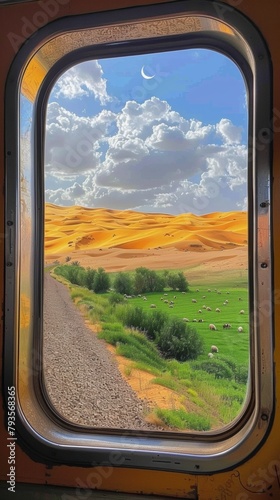 Eid al-Adha Journey: Train Window View Overlooking Desert Dunes and Grazing Sheep at Sunset