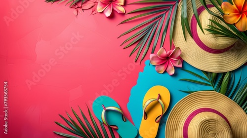 Bright minimalist ad, summer travel gear sale, border of flip-flops and sun hats, photo