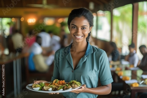 Young indian female waitress serving meal at restaurant photo