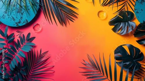 Contemporary summer sales ad, minimalistic tropical outline, vibrant block colors background, modernist copy space photo