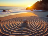 The prompt is: stone in the center of a labyrinth on the beach at sunset