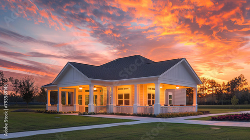 Evening light casting a warm hue on a new community clubhouse with a white covered porch and a gable roof during a vibrant sunset.