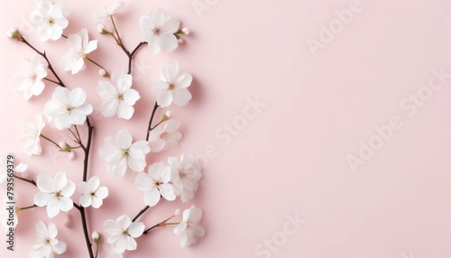 Cherry blossoms on a soft pink background  Floral flat lay for design with copy space.