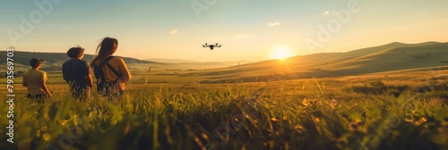 Environmental Monitoring in Meadows: Multiracial Teenagers with Drones at Sunset