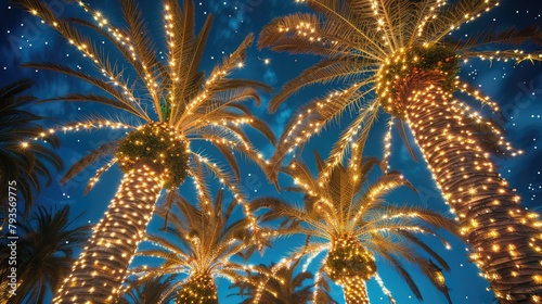 Palm trees decorated with festive and bright garlands in the evening
