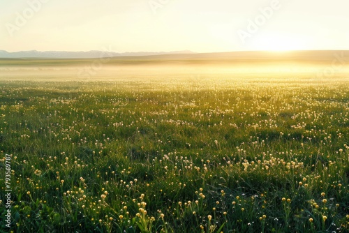Serene Sunrise Meadow: Dewy Wildflowers & Soft Mist in a Pristine Landscape