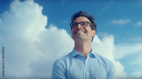 A happy millennial man with folded hands, glasses gleaming, on a serene sky blue background
