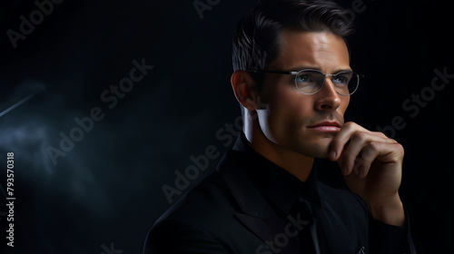 A professional man, glasses enhancing his demeanor, on a sleek midnight black background