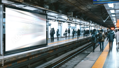 A busy subway station with a large white billboard in the background by AI generated image