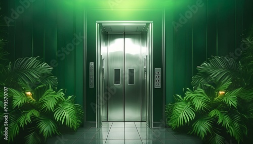 door to the green dark, green ambient, A silver large closed elevator