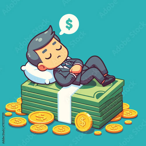illustration of a businessman sleeping on a pile of money