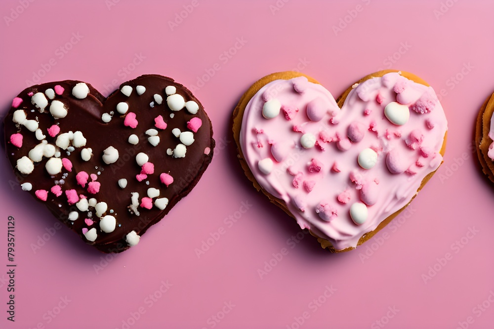 Three heart-shaped cookies on pastel pink background, perfect for Valentine's card. Three heart-shaped cookies on pastel pink background, perfect for Valentine's card.