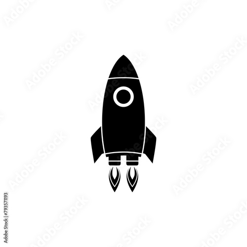 Rocket ship with fire. Vector illustration with flying rocket. Space travel. Project start up sign. Creative idea symbol. Black and white.