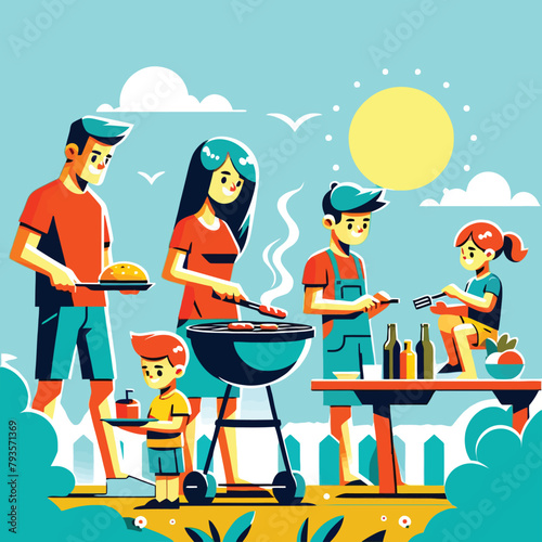 illustration of a harmonious family enjoying a barbecue