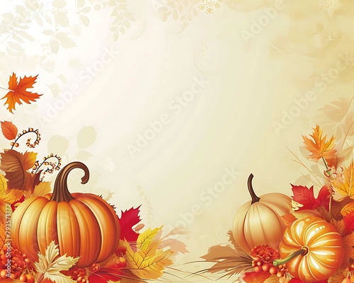 A festive autumn arrangement featuring ripe pumpkins, pine cones, and red berries, set against a warm, textured background. Generative AI