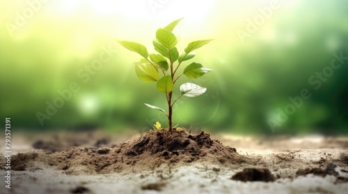 Vibrant Young Plant Emerging from Soil Against Soft Natural Backdrop. Healthy financial and environment concept image. photo