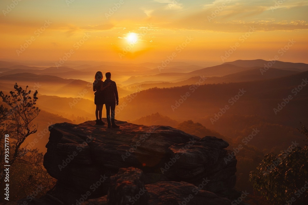 A couple watching the sunrise together from a mountaintop