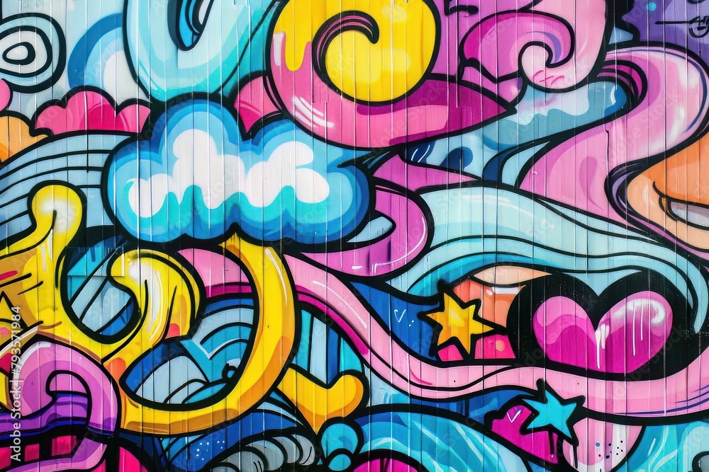 Cartoon cute doodles of colorful murals and murals decorating the walls of urban buildings, Generative AI