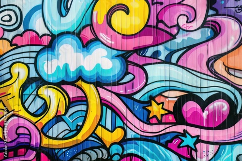 Cartoon cute doodles of colorful murals and murals decorating the walls of urban buildings  Generative AI