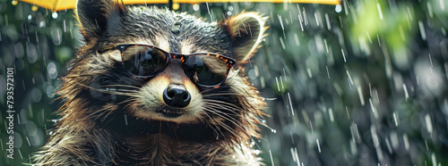 wet happy RACCOON with sunglasses rain photo