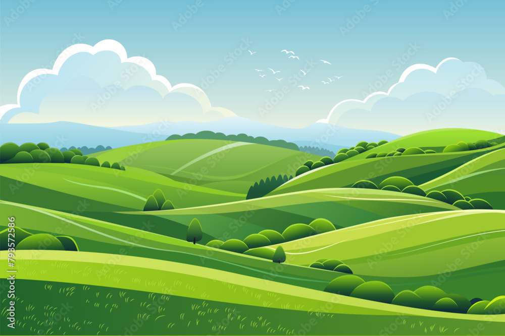 green hills blue sky landscape summer field country nature background illustration meadow countryside