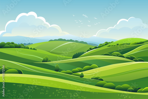 green hills blue sky landscape summer field country nature background illustration meadow countryside