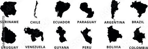 South American countries’map vector silhouettes on white background. Uruguay, Chile, Ecuador, Paraguay, Argentina, Brazil, Suriname, Venezuela, Guyana, Peru, Bolivia, Colombia