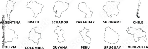 South American countries map outline vector, black map line art illustration