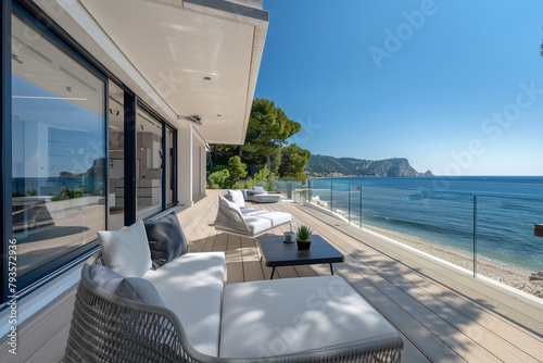 Panoramic view of a luxury beach house terrace with integrated smart home features and a high-tech security system, all facing the sea. © Salar's arts