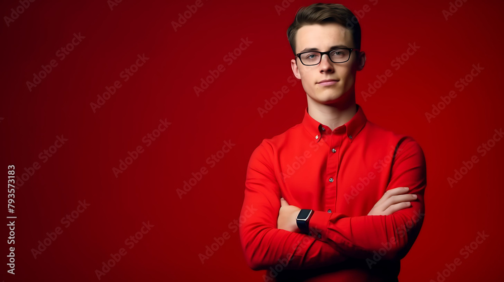 Confident millennial in stylish glasses, posing with folded hands on a sleek red background, exuding positivity
