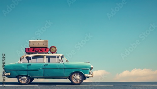 A blue car with luggage on top of it by AI generated image