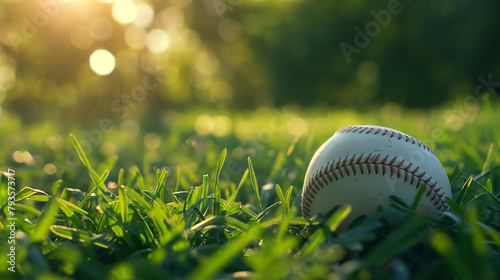close-up focus image of a baseball on a green meadow with faint morning sunlight in the background