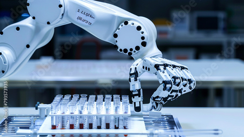 : A robotic arm handling a microtiter plate, photo