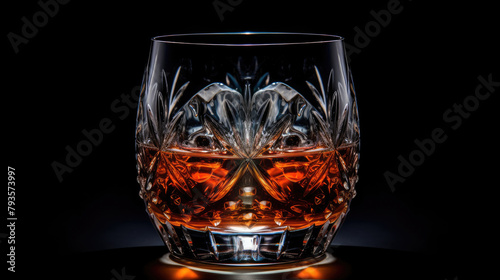 Golden Amber Whiskey in Crystal Glass, Dark Sophisticated Background.