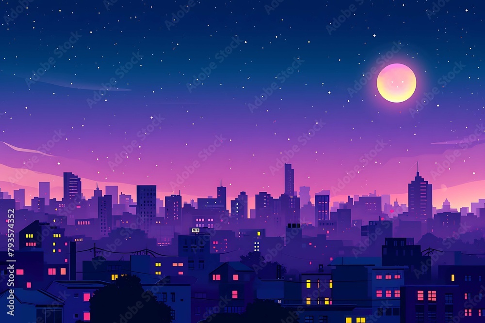 A night cityscape under a starry sky with a glowing moon, rendered in beautiful shades of twilight purples and pinks. Generative AI