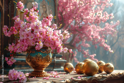 Springtime Reverence: Golden Easter Eggs and Blossoming Pink Flowers by an Icon, Capturing the Essence of Orthodox Easter, Ideal for Religious and Seasonal Publications