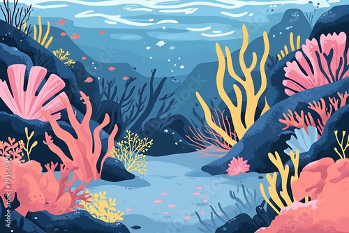 Vibrant underwater seascape with diverse marine life among coral reefs, in a lively vector illustration. Generative AI