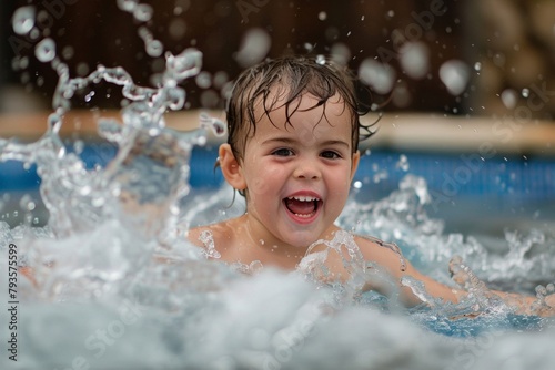 A delighted child splashing and playing in a refreshing pool on a hot day