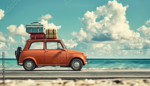 A red car with luggage on top of it is parked on a beach by AI generated image photo